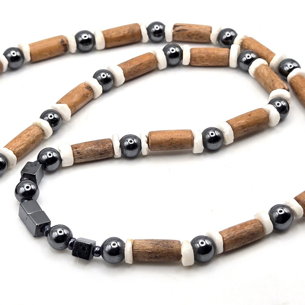 Hematite and Wood Beaded Necklace with Shell Heishi Spacers Surfer Style 19 Inch